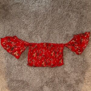 American Eagle Outfitters Red Floral Off-Shoulder Smocked Crop Top